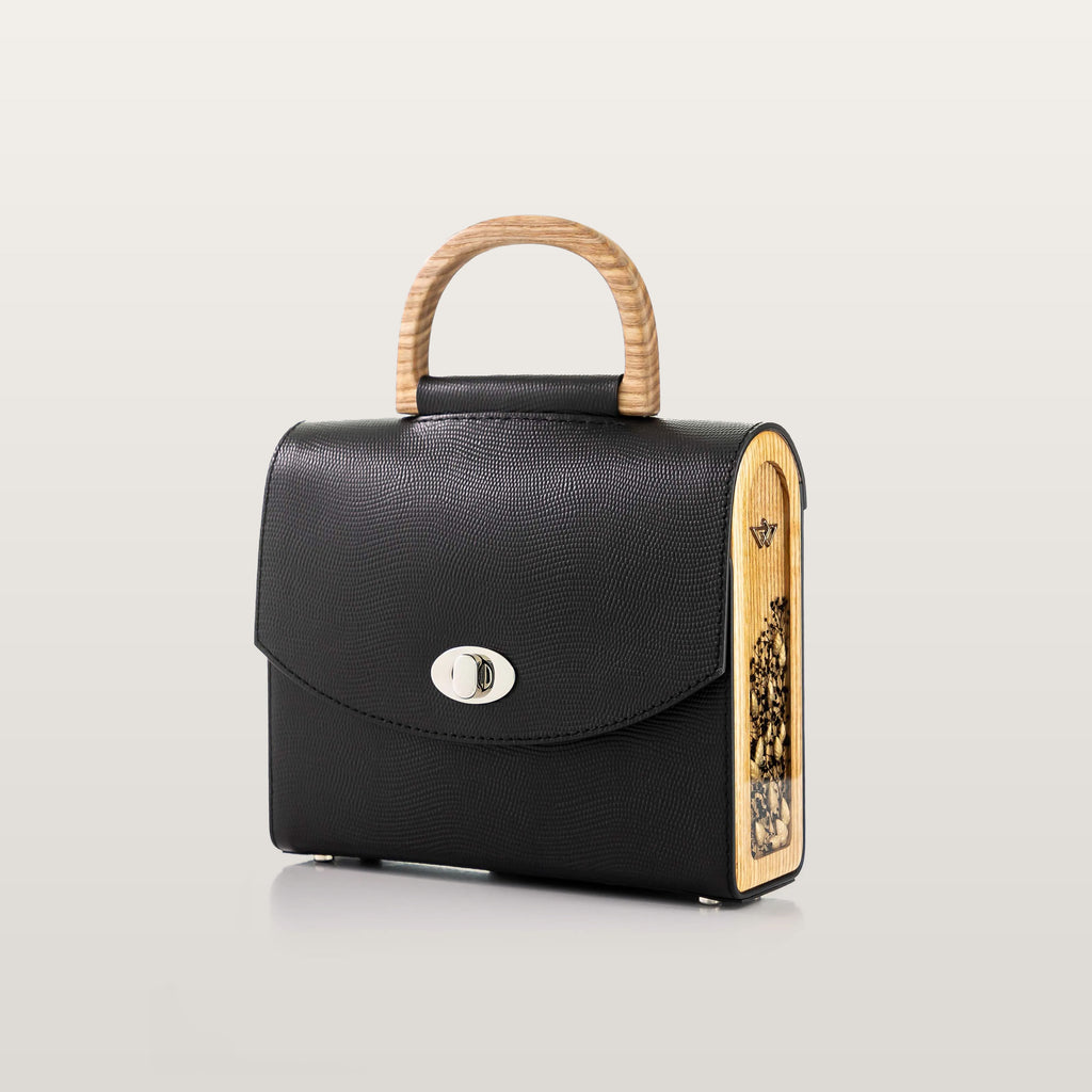 Black handbag with wooden handle 