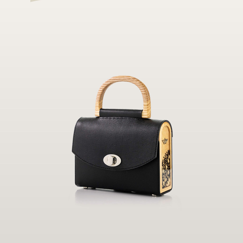 Black handbag with wooden handle - Black Saffiano BLACKWOOD