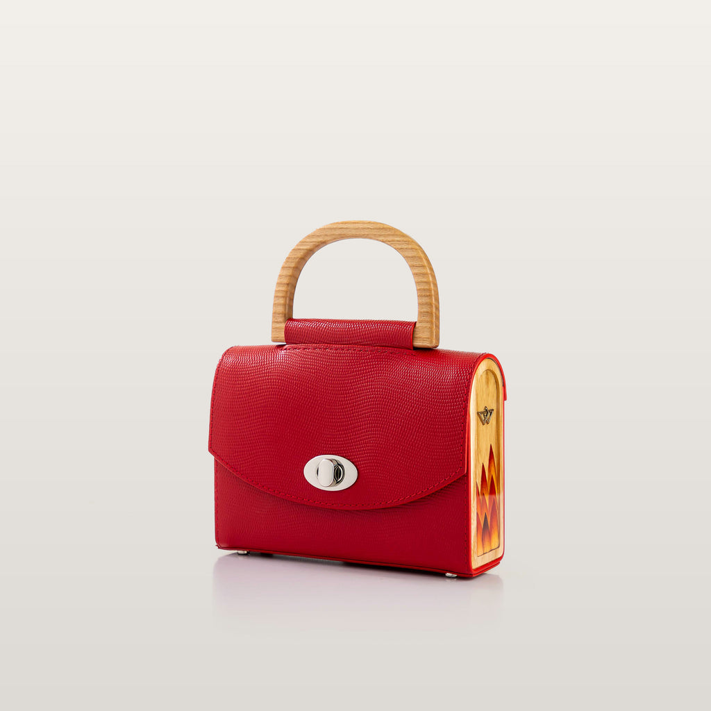 Red handbag with a wooden handle - Aurora Red Saffiano BLACKWOOD