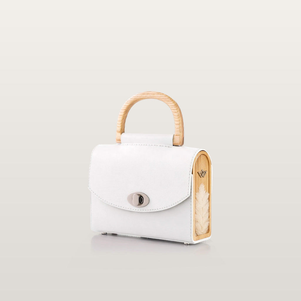 White handbag with wooden handle - Aurora mini White Saffiano BLACKWOOD