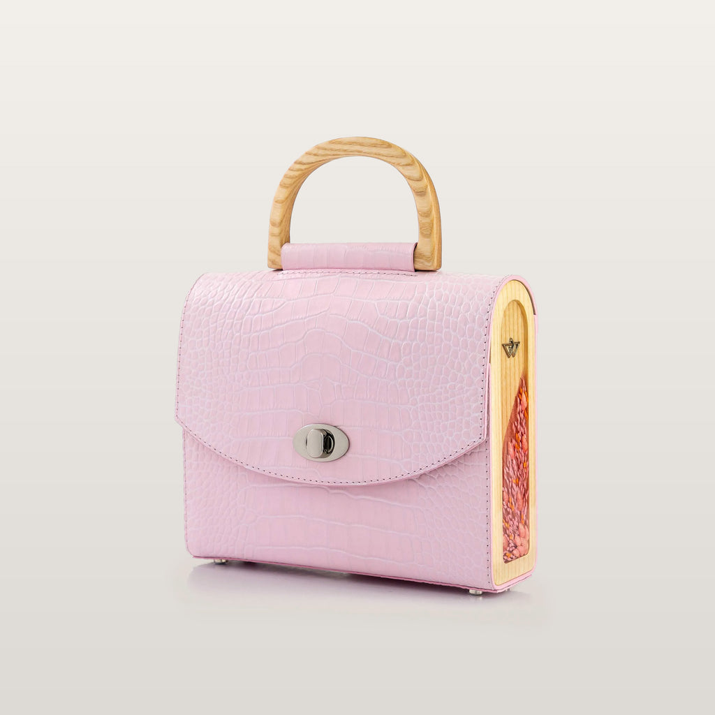 Pink handbag with wooden handle and trim - BLACKWOOD