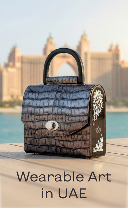 Designer BLACKWOOD handbag with decorative elements on a blurred cityscape background