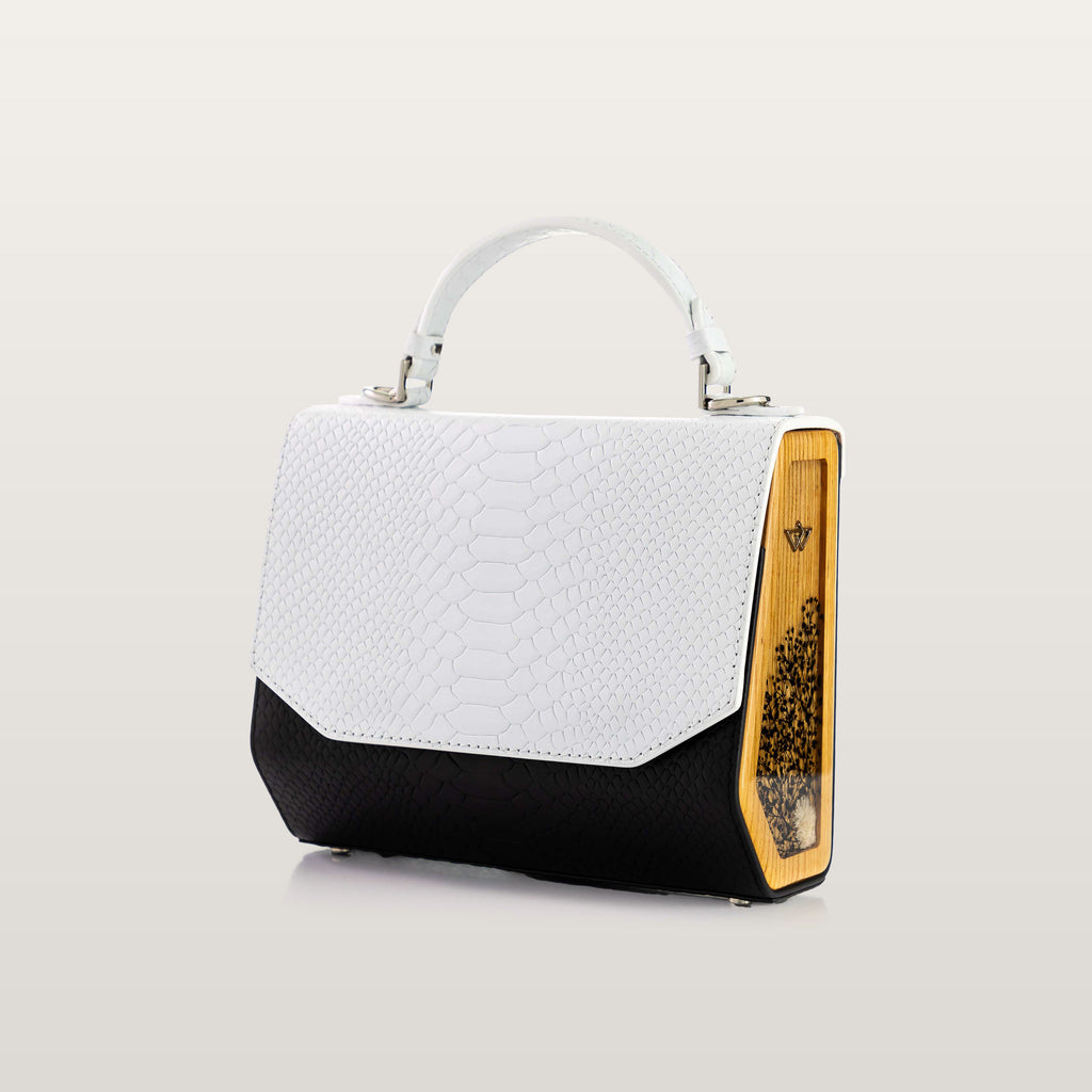 White handbag with black base and wooden side - BLACKWOOD