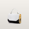 White and black handbag with wooden accent 