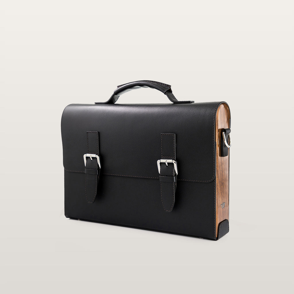Black leather briefcase with wooden