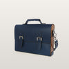 Blue leather briefcase with a strap on a light beige background