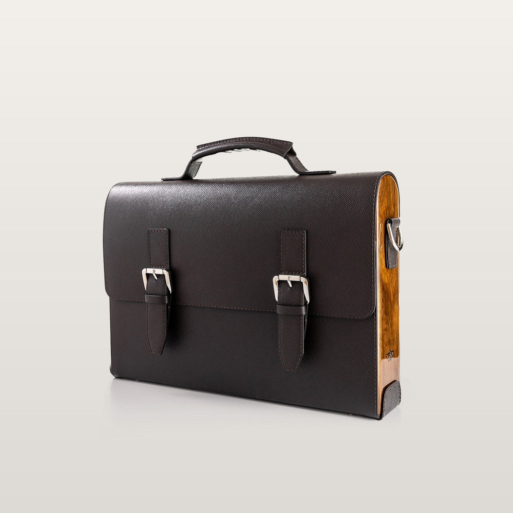 Black leather briefcase with wooden accents for men