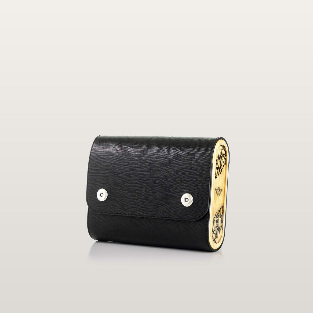 Black leather clutch bag with gold accents