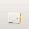 Whiteleather bag with a wooden accent on a light gray background