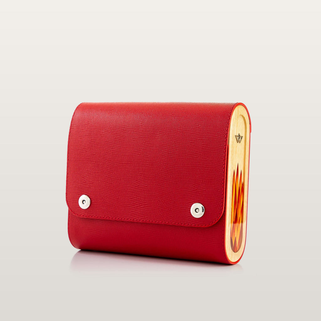 Red Blizzard handbag made of textured Saffiano leather with wooden side panels