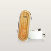 Wooden and white case with a fish design on a light gray background