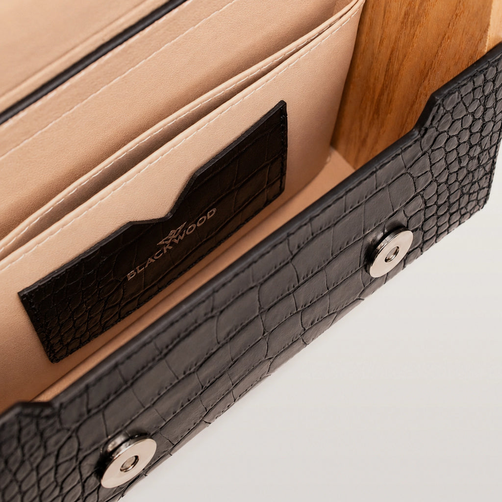 Close-up of a leather wallet with crocodile texture and visible brand logo.