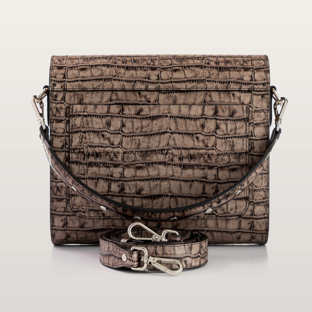 Back view of BLACKWOOD Gloria Brown Croco leather handbag with detachable chain strap