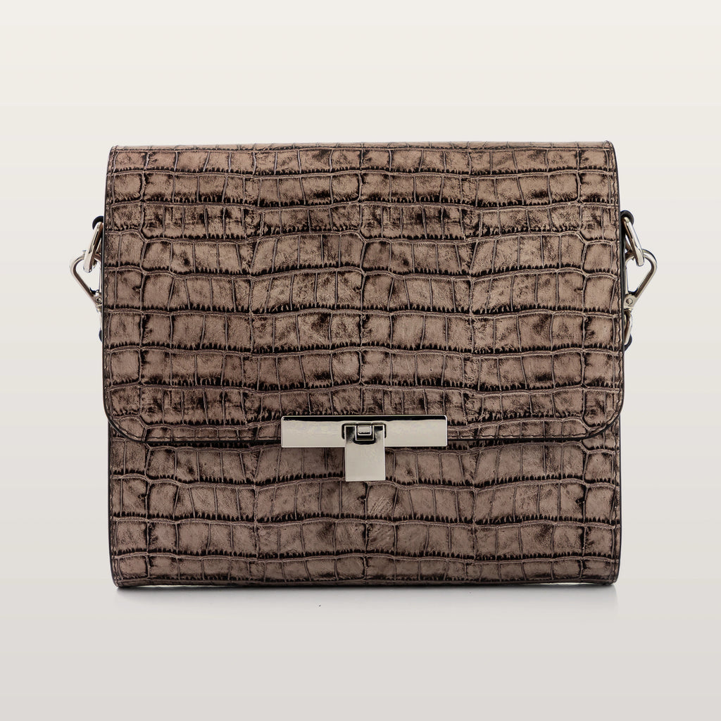 Front view of BLACKWOOD Gloria Brown Croco leather handbag with metal clasp