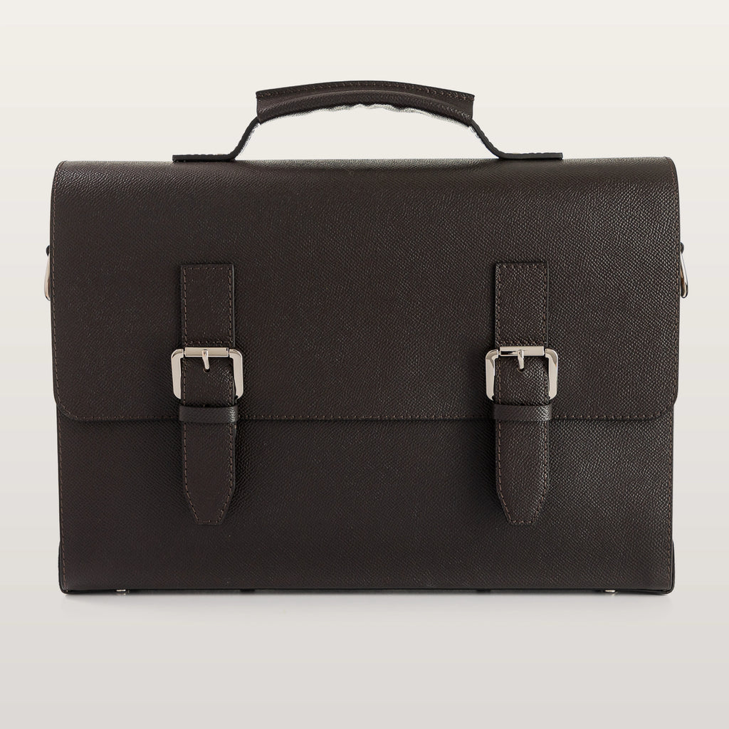 Close-up of brown Epsom leather texture on BLACKWOOD Thunder shoulder bag
